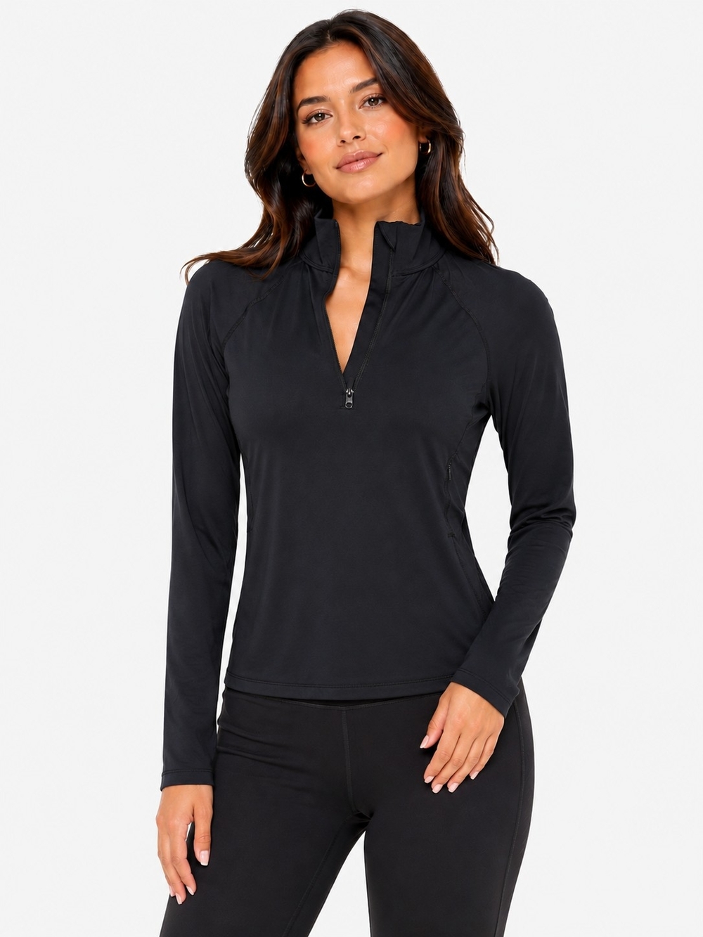 Women's Black Long-Sleeve Half-Zip Active Top
